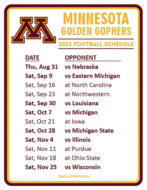 Minnesota gopher football schedule - Who's Playing. Eastern Michigan Eagles @ Minnesota Golden Gophers. Current Records: Eastern Michigan 1-0, Minnesota 1-0. How To Watch. When: Saturday, September 9, 2023 at 7:30 p.m. ET Where ...